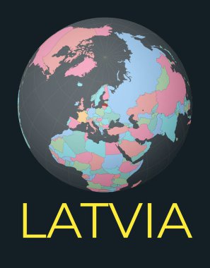 World map centered to Latvia. Red country highlighted. Satellite world view centered to country with name. Vector Illustration.