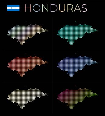 Honduras noktalı harita seti. Noktalı Honduras haritası. Ülkenin sınırları güzel düz eğimli çemberlerle doludur. Şaşırtıcı vektör çizimi.