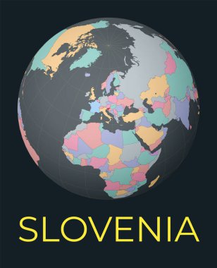 Slovenya 'nın merkezindeki dünya haritası. Kızıl Ülke vurgulandı. Uydu dünya görüşü isimle merkezden ülkeye. Vektör İllüstrasyonu.