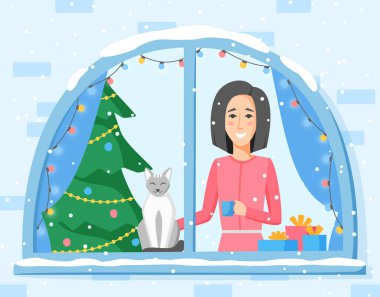 Pencerede duran, süslenmiş bir kadın. Kız, kedi ve Noel ağacı. Düz stil ile kış tatili çizimi