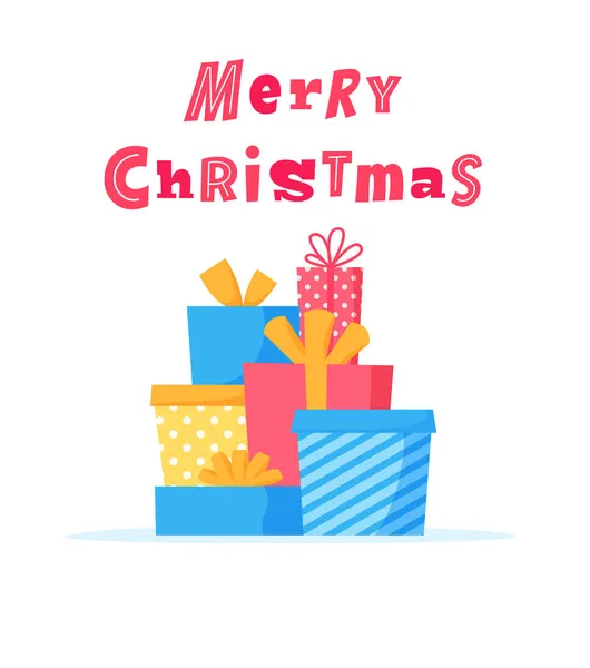 サンタ・ハットの男がギフトボックスを持ってる。家族や友人のためのクリスマスプレゼントを購入し、準備します。リボンと弓の贈り物。平面ベクトル図. — ストックベクタ