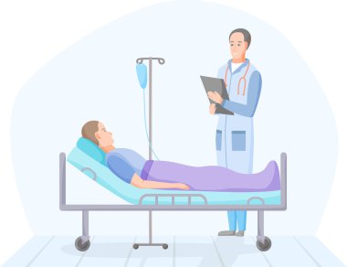 Hasta ve doktor hastane odasında. Koğuşta damardan tedavi gören kişi. Klinikte iyileşme sürecinde olan hasta, sağlık konsepti, vektör.