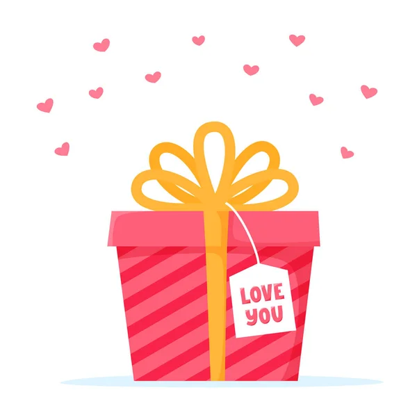 Gift box with bow ribbon and hearts decoration. Saint Valentines present with Love You card, vector illustration — ストックベクタ