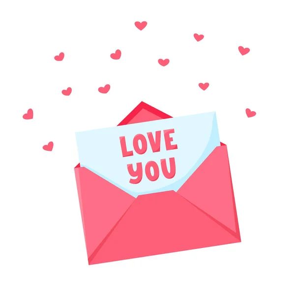 ハートの装飾が施された封筒で手紙を送るのが大好きです。サンバレンタインズのカード。愛のメッセージ。ベクターイラスト — ストックベクタ