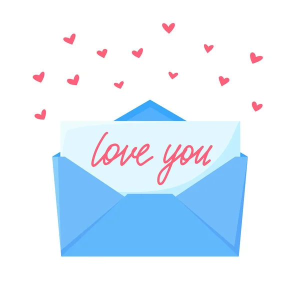 ハートの装飾が施された封筒で手紙を送るのが大好きです。サンバレンタインズのカード。愛のメッセージ。ベクターイラスト — ストックベクタ