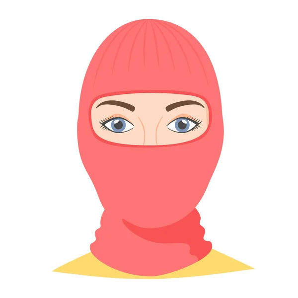 Frau mit Sturmhaube. Trendige Wurmkopfbedeckungen für die kalte Jahreszeit. Gesichtsmaske für den ganzen Kopf, die flach unter dem Helm getragen werden kann. Vektor — Stockvektor
