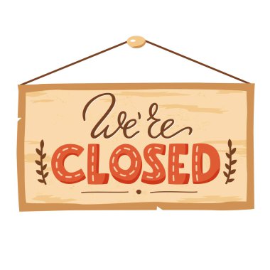 Tahta kapı tabelasına yaklaştık. Biz açık tabela panosuyuz. İş ve dükkan girişi konsepti. Vektör harf illüstrasyonu