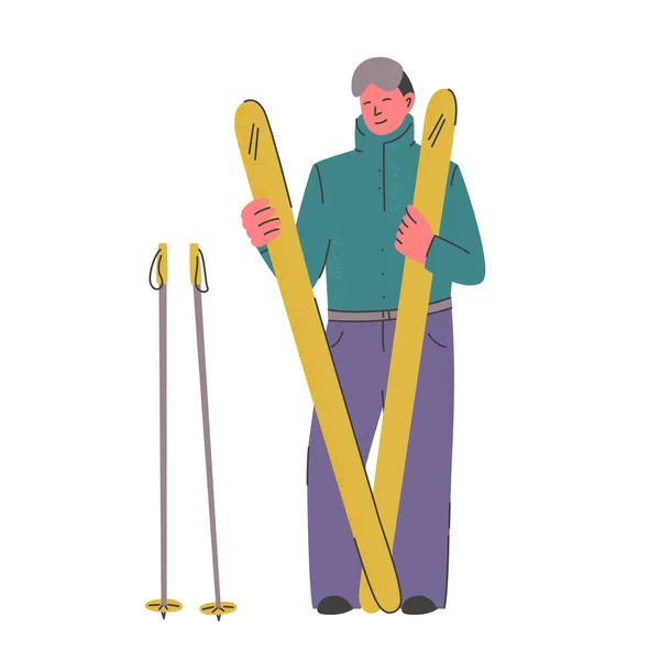 Человек в лыжной одежде держит лыжи. Лыжник стоя со спортивным инвентарем. Зимний отдых и активный отдых. Вектор — стоковый вектор