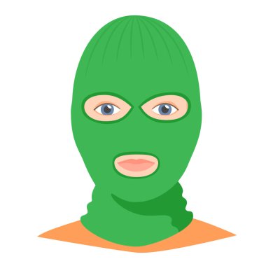 Kar maskesi takan bir adam. Soğuk hava için moda solucan başlığı. Tüm kafanın kaskın altına düz bir şekilde takması için maske. Vektör