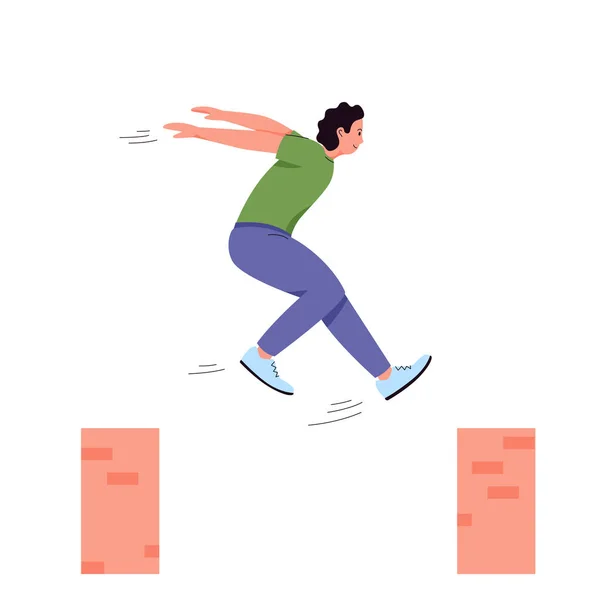Un joven saltando de pared a pared. Correr gratis, parkour, deporte callejero extremo. Un corredor callejero masculino. Vector — Vector de stock
