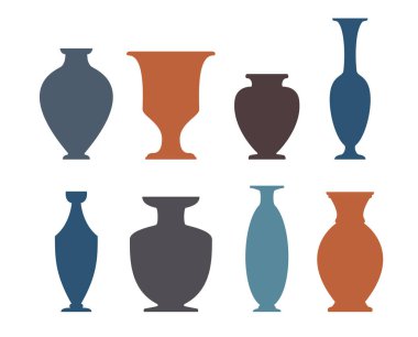 Vazo ve şişe siluetleri hazır. Farklı antika seramik vazolar ve damarlar. Antik Yunan kavanozları ve amforalarının çeşitli formları ve şekilleri. Çamur damarları çömlek. Vektör illüstrasyonu.