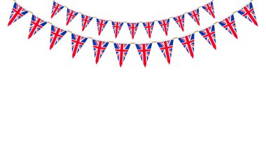 İngiliz bayrağı. Union Jack flamalar zinciri. İngiliz parti kiraz kuşu süslemesi. Büyük Britanya kutlama için bayrak sallıyor. Vektör dipnotu ve afiş arkaplanı.