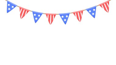 Amerikan bayrağı çelengi. Amerikan vatansever flamalar zinciri. Amerikan parti süslemesi. Kutlama için Birleşik Devletler bayrakları. Vektör dipnotu.