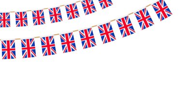 İngiliz bayrağı. Union Jack flamalar zinciri. İngiliz parti kiraz kuşu süslemesi. Büyük Britanya kutlama için bayrak sallıyor. Vektör dipnotu ve afiş arkaplanı.