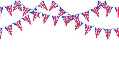 İngiliz bayrağı. Union Jack flamalar zinciri. İngiliz parti kiraz kuşu süslemesi. Büyük Britanya kutlama için bayrak sallıyor. Tekrar eden düzen. Vektör dipnotu ve afiş arkaplanı.