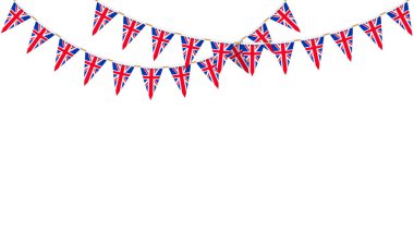 İngiliz bayrağı. Union Jack flamalar zinciri. İngiliz parti kiraz kuşu süslemesi. Büyük Britanya kutlama için bayrak sallıyor. Vektör dipnotu ve afiş arkaplanı.