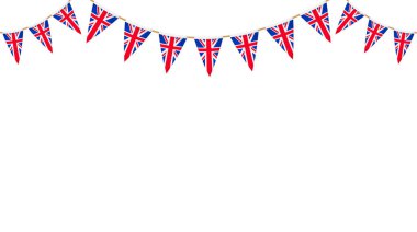 İngiliz bayrağı. Union Jack flamalar zinciri. İngiliz parti kiraz kuşu süslemesi. Büyük Britanya kutlama için bayrak sallıyor. Vektör dipnotu ve afiş arkaplanı.