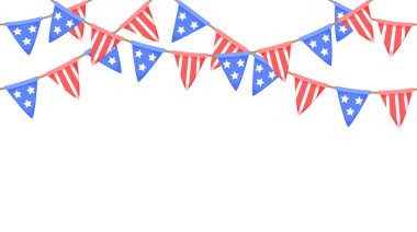 Amerikan bayrağı çelengi. Amerikan vatansever flamaları tekrarlanıyor. Amerikan parti süslemesi. Kutlama için Birleşik Devletler bayrakları. Vektör dipnotu.