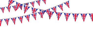 İngiliz bayrağı. Union Jack flamalar zinciri. İngiliz parti kiraz kuşu süslemesi. Büyük Britanya kutlama için bayrak sallıyor. Vektör dipnotu ve afiş arkaplanı.