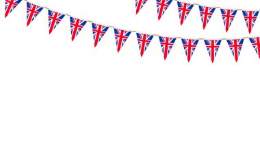 İngiliz bayrağı. Union Jack flamalar zinciri. İngiliz parti kiraz kuşu süslemesi. Büyük Britanya kutlama için bayrak sallıyor. Vektör dipnotu ve afiş arkaplanı.