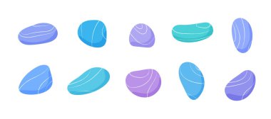Pebble stones collection. Different beach pebbles shape set. Various forms of smooth rocks. Sea or river pebbles. Vector illustration. 