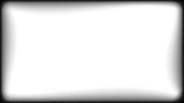 Halftone frame. Comic style divider. Pop art faded frame. Grunge speckle grain background. Dotted particles separator. White and black abstract wallpaper. Retro vector backdrop