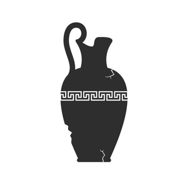 Broken amphorae silhouette. Cracked ancient greek vase with meander pattern. Antique ceramic jar or vessel. Old clay pottery. Vector illustration.