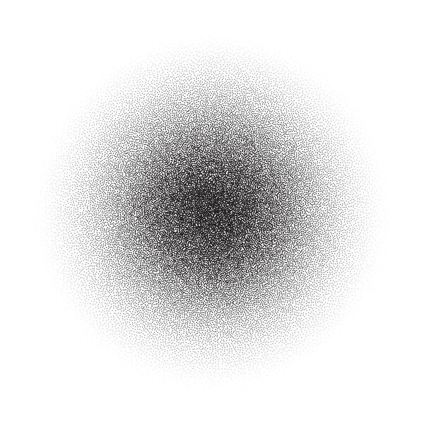 Grain circle gradient. Stippled round shape. Radial stochastic dotwork texture. Random grunge noise background. Black dots sphere. Halftone vector monochrome 