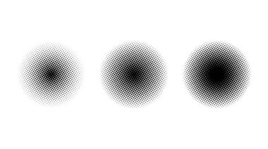 Yarım ton çember gradyan kümesi. Çizgi roman tarzı yuvarlak şekiller. Yarı noktalı küre koleksiyonu. Dairesel tasarım elementleri ve doku. Vektör arkaplanı.