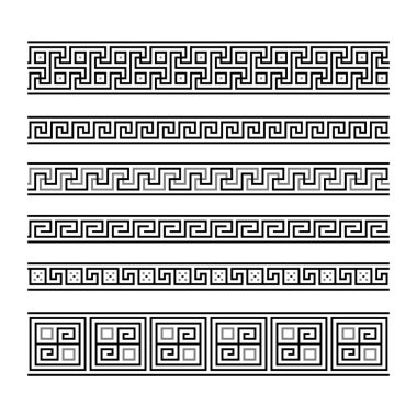Yunan anahtar süs koleksiyonu. Meander deseni ayarlandı. Tekrarlanan geometrik ortalama motifi. Yunan perdesi tasarımı. Antik dekoratif sınır. Vektör dekorasyonu