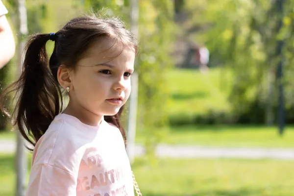 Pequena Menina Bonita Triste Uma Camiseta Rosa Com Tranças Passeio — Fotografia de Stock