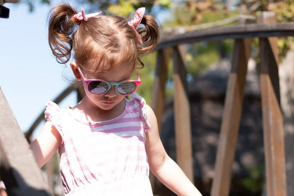 Kleines Hübsches Mädchen Mit Roten Zöpfen Und Sonnenbrille Steht Einem — Stockfoto