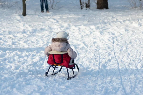 Bambino Piccolo Abiti Caldi Cappello Scivola Giù Una Collina Una — Foto Stock