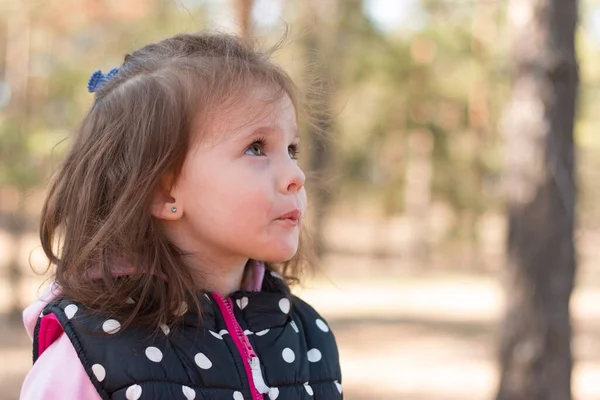 Linda Niña Chaleco Lunares Mira Hacia Arriba Con Interés Paseo —  Fotos de Stock