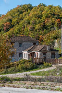 Epirus Zagori 'deki Papigo köyünde sonbahar mevsiminde geleneksel taş bina manzarası