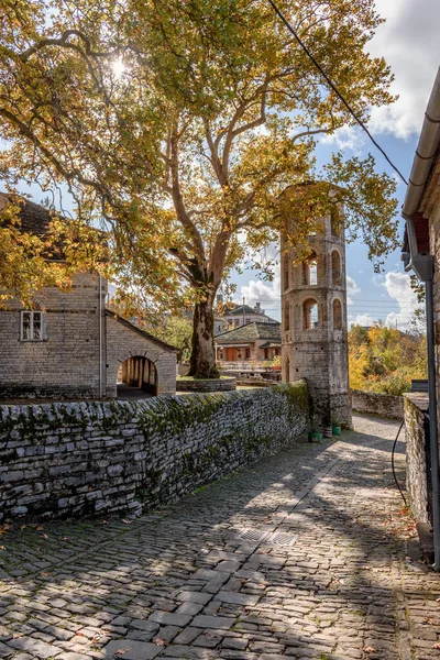 エピロス ザゴリの美しい村のパピゴの秋の季節の間の石の通りの伝統的な建築ギリシャ — ストック写真
