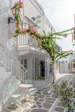 Yunanistan, Paros Adası, Parikia 'da dar sokakları, beyazlatılmış evleri ve çiçek açan begonvilleri olan geleneksel Kiklad sokağı..