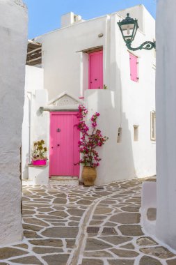 Yunanistan 'ın Marpissa Paros Adası' nda dar sokakları, beyazlatılmış evleri ve çiçek açan begonvilleri olan geleneksel Kiklad sokağı..