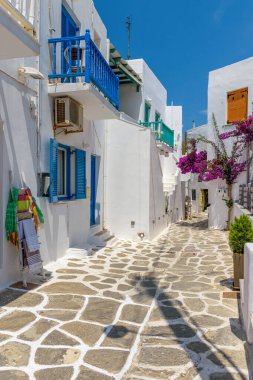 Yunanistan 'ın Naousa Paros Adası' nda dar sokakları, beyazlatılmış mağazalar ve çiçek açan bir bougainvillea ile geleneksel Kiklad sokağı.