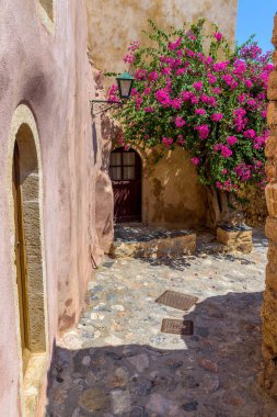 Monemvasia, Lakonia, Peloponnese, Yunanistan 'daki ortaçağ şatosunda dar bir taş sokak ve renkli bir bougainvillea ile geleneksel mimari.