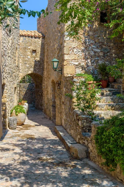 Traditionele Architectuur Met Een Smalle Stenen Straat Een Kleurrijke Bougainville — Stockfoto