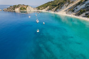 Aerial photo of the paradise beach of Gidaki in Ithaca, the beautiful  Ionian island of Greece.