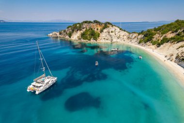 Aerial photo of the paradise beach of Gidaki in Ithaca, the beautiful  Ionian island of Greece.
