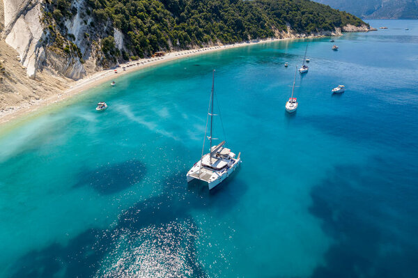 Aerial photo of the paradise beach of Gidaki in Ithaca, the beautiful  Ionian island of Greece.