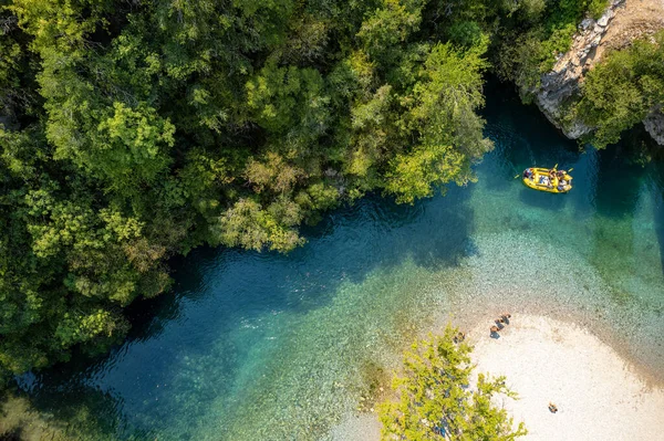 Aerial View Rafting Boat Athletes River Voidomatis Famous Clear Waters — Stock Photo, Image