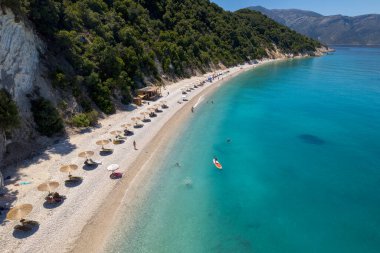 Aerial photo of the paradise beach of Gidaki in Ithaca, the beautiful  Ionian island of Greece.