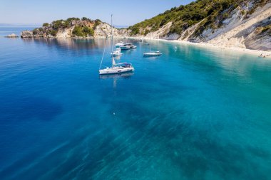 Aerial photo of the paradise beach of Gidaki in Ithaca, the beautiful  Ionian island of Greece.