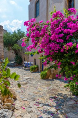 Monemvasia, Lakonia, Peloponnese, Yunanistan 'daki ortaçağ şatosunda dar bir taş sokak ve renkli bir bougainvillea ile geleneksel mimari.