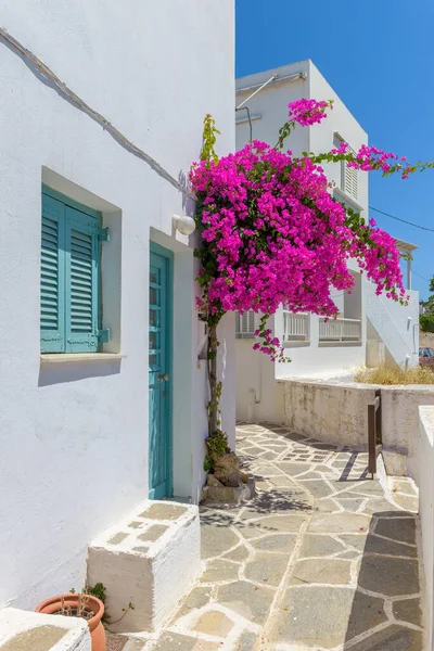 Traditionele Cycladitische Steeg Met Een Smalle Straat Witgekalkte Huizen Een — Stockfoto