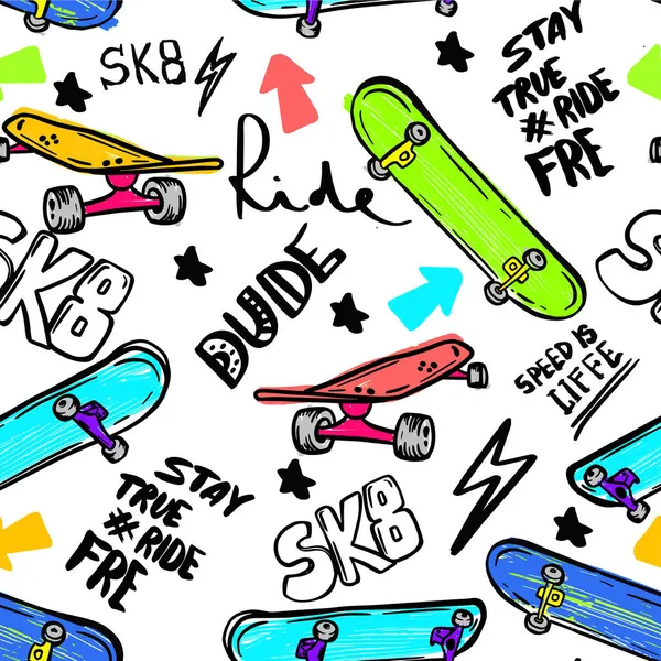 Ručně Kreslený Letní Náčrt Skateboardy Textem Vektorová Ilustrace — Stockový vektor